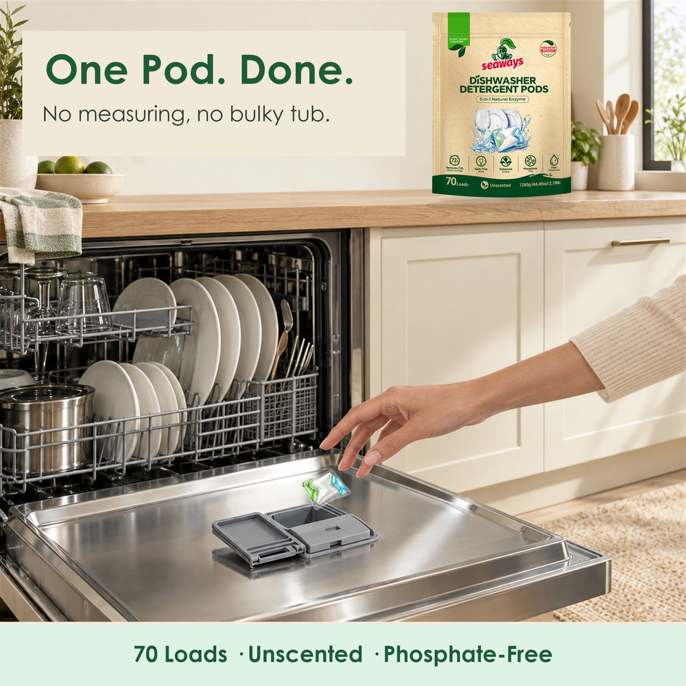 Hand placing one Seaways dishwasher pod in the main dispenser, no measuring and no bulky tub Hand placing one Seaways dishwasher pod in the main dispenser, no measuring and no bulky tub