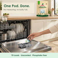 Hand placing one Seaways dishwasher pod in the main dispenser, no measuring and no bulky tub Hand placing one Seaways dishwasher pod in the main dispenser, no measuring and no bulky tub