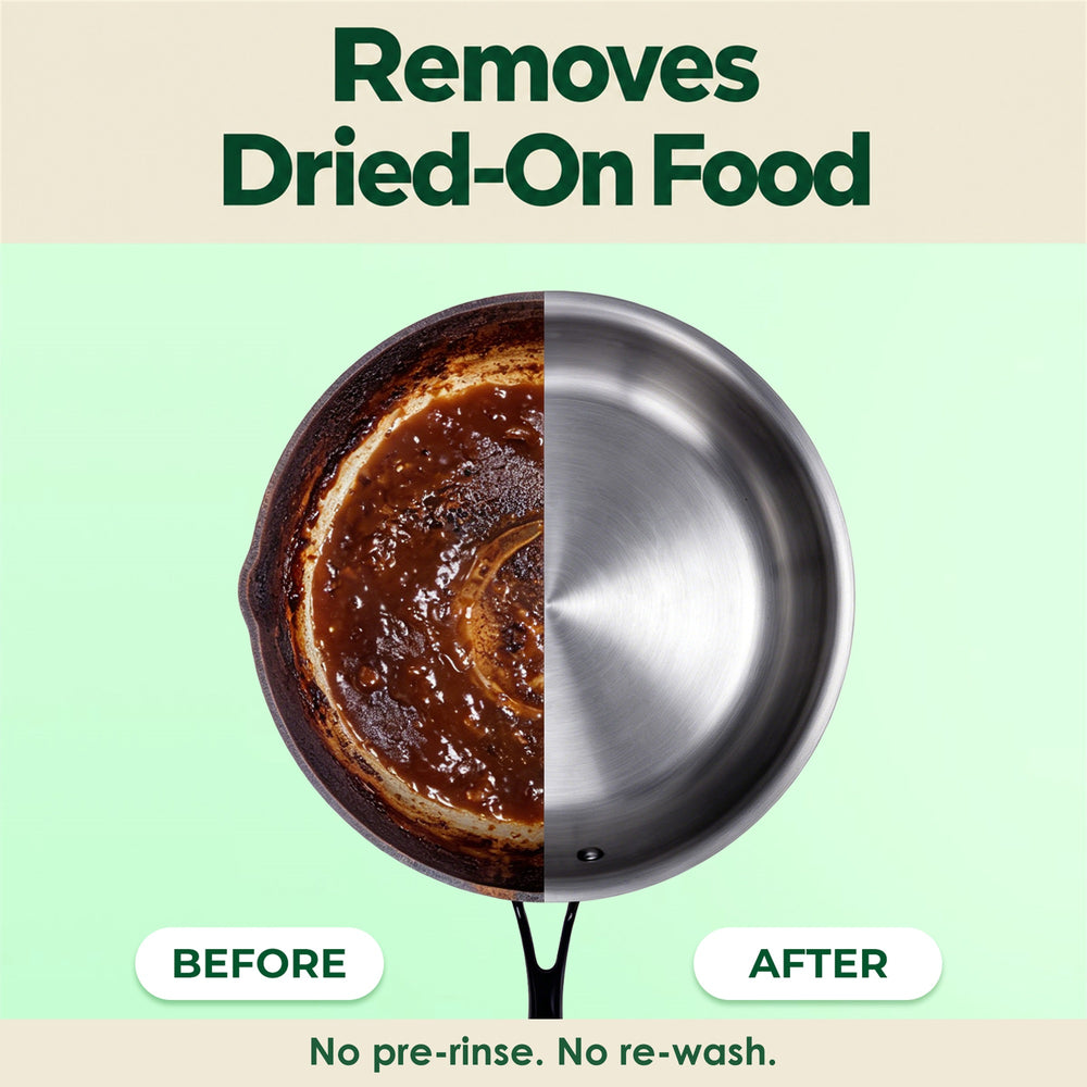 Before and after pan showing Seaways dishwasher pods removing dried-on food with no pre-rinse Before and after pan showing Seaways dishwasher pods removing dried-on food with no pre-rinse