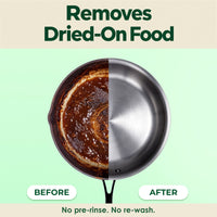 Before and after pan showing Seaways dishwasher pods removing dried-on food with no pre-rinse Before and after pan showing Seaways dishwasher pods removing dried-on food with no pre-rinse