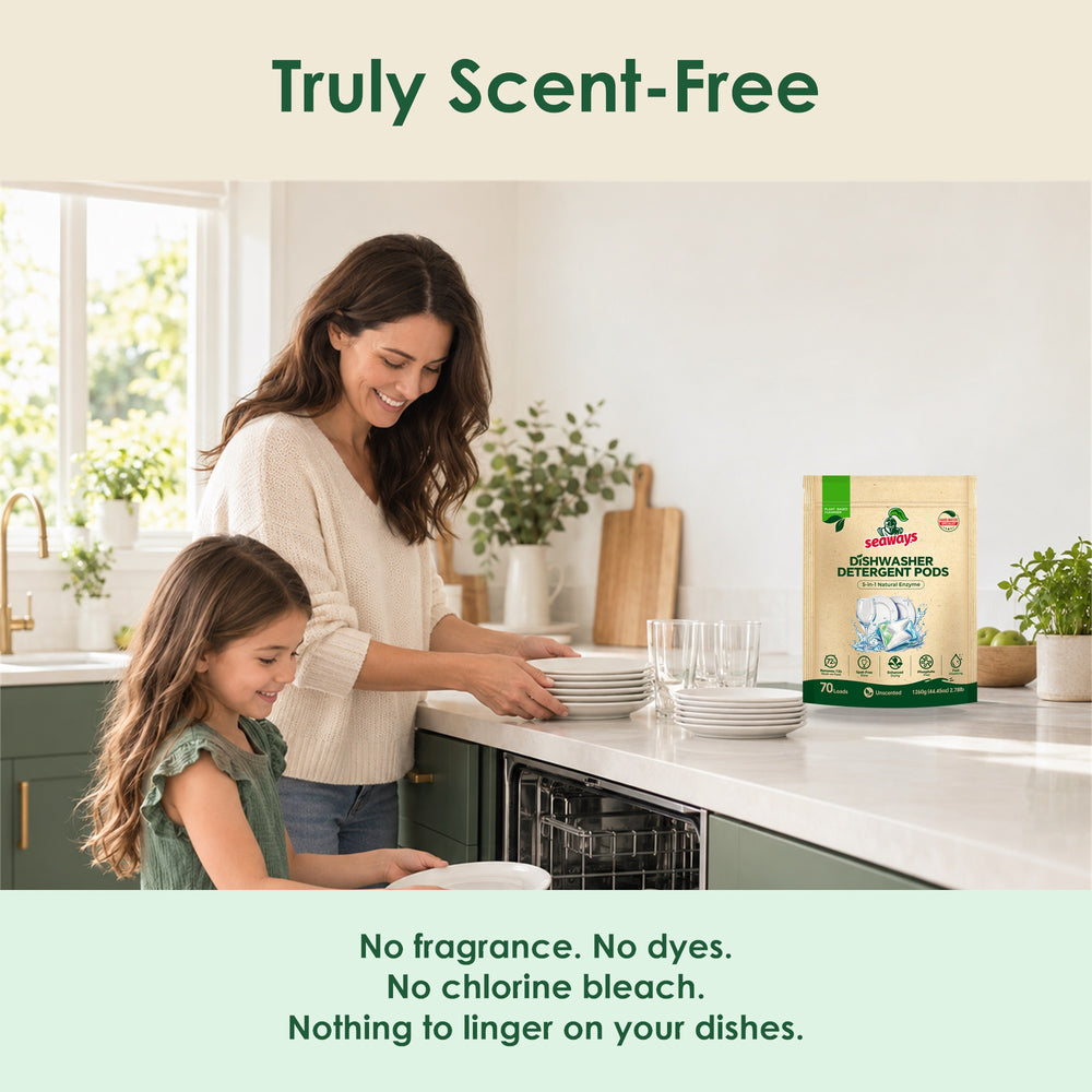 Mother and daughter unloading dishes washed with scent-free Seaways dishwasher pods Mother and daughter unloading dishes washed with scent-free Seaways dishwasher pods