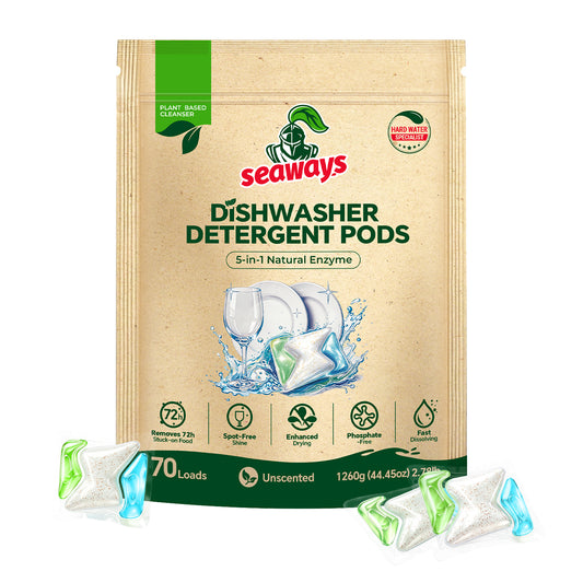Seaways Dishwasher Detergent Pods, 70 count kraft pouch with unscented tri-chamber pods