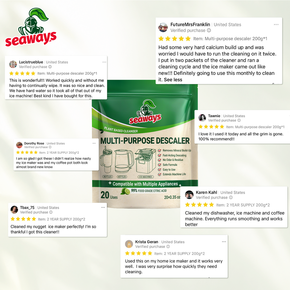 Seaways Multi-Purpose Descaler & Cleaner Powder Packets-For Ice Maker, Coffee Machine, Kettle, Tumbler & Showver Head | 99% Food-Grade Citric Acid | Limescale Remover9% Food-Grade Citric Acid | 20×0.35 oz