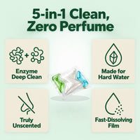 5-in-1 dishwasher pod: enzyme deep clean, made for hard water, truly unscented, fast-dissolving film